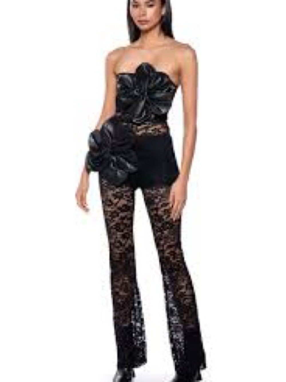 AKIRA Black Strapless Lace Wide-Leg Jumpsuit with Floral Appliqué